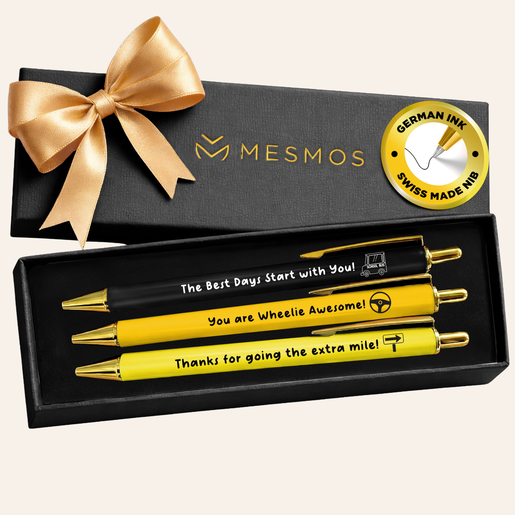 Set of yellow pens with gold accents in a black gift box with a MESMOS logo.-1