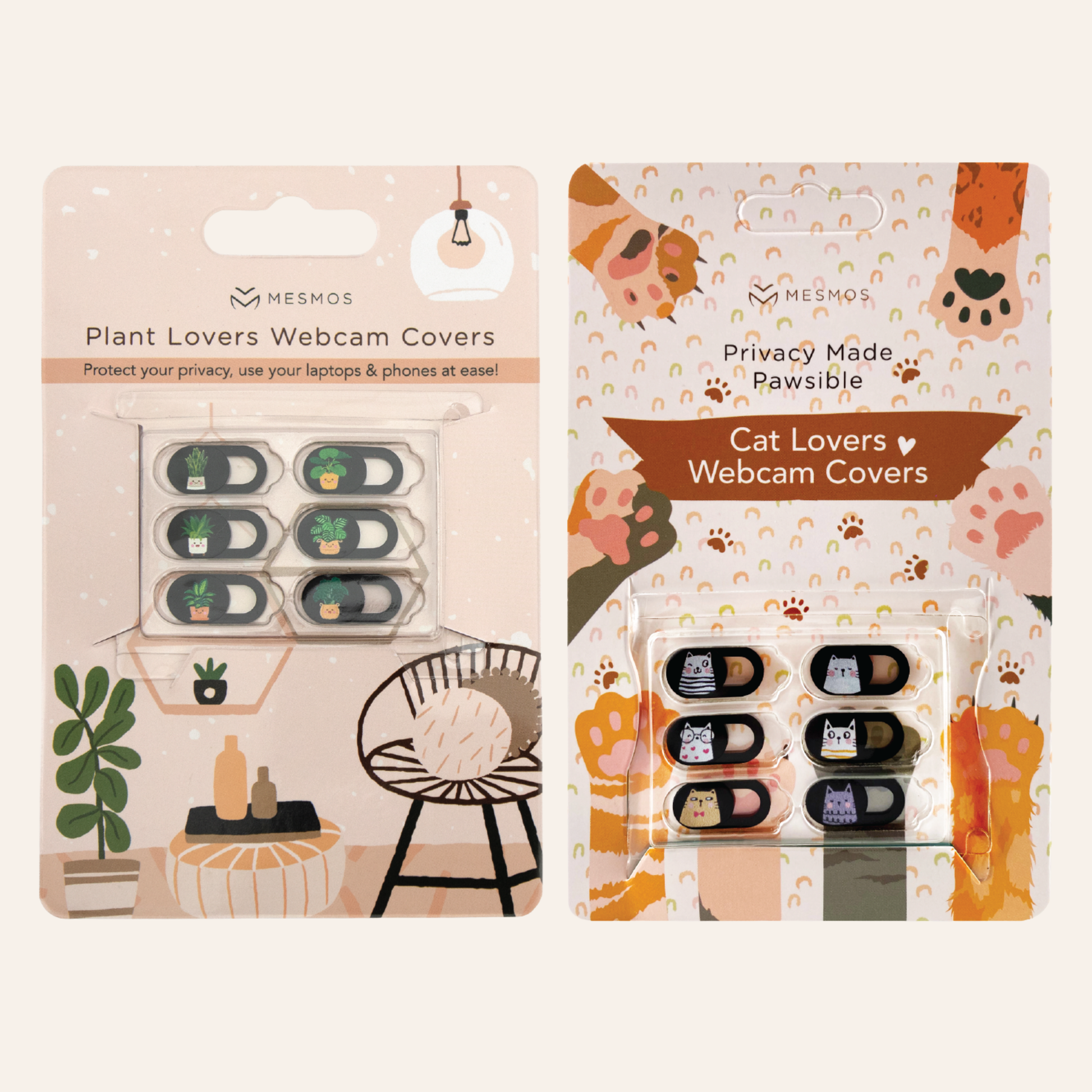 Two packages of webcam covers with plant and cat-themed designs on a white background.-1