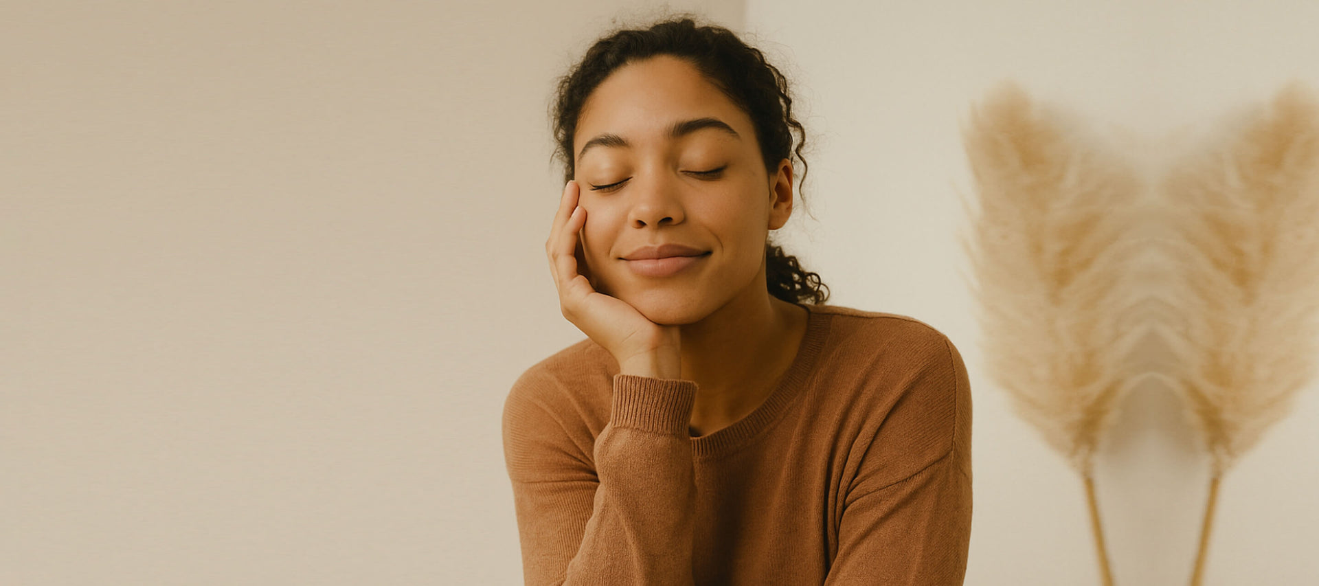 Woman in a brown sweater with eyes closed, leaning against a neutral wall with decorative elements.