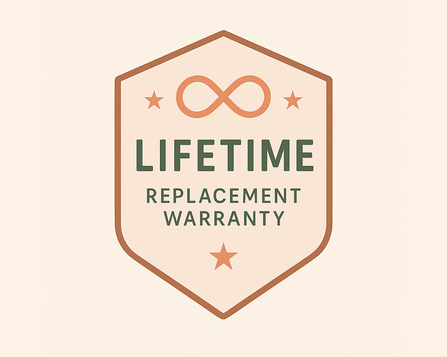 Lifetime replacement warranty badge with an infinity symbol on a beige background